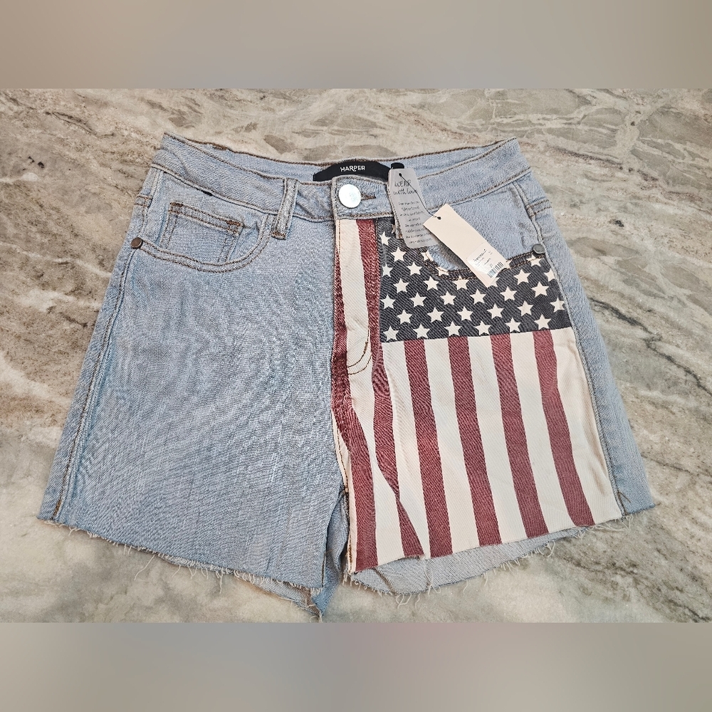 Harper Light Wash Jean Shorts with American Flag Panel